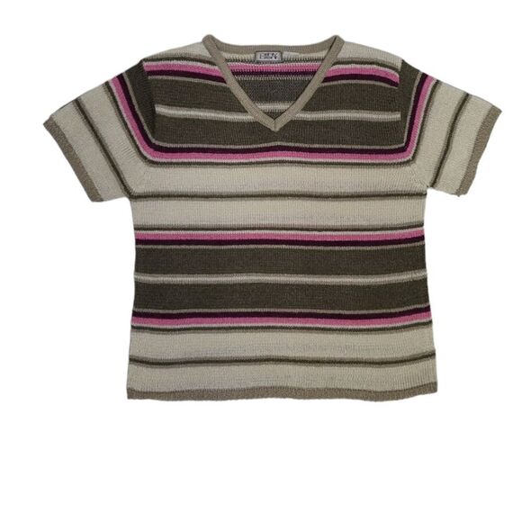 VINTAGE 90s knit v-neck striped short sleeve retro sweater M - Picture 1 of 6